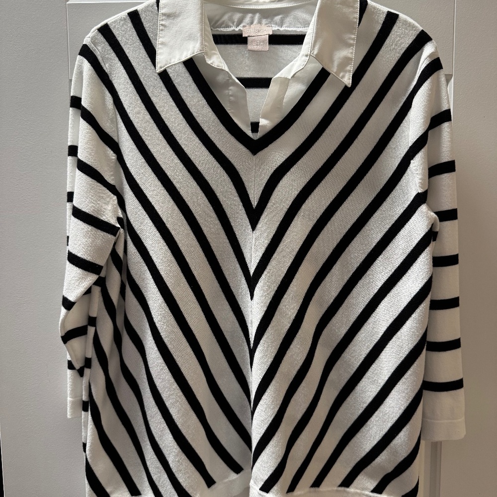 Chico’s Black & White Striped Layered Look Sweater – Size 2 (12-14)